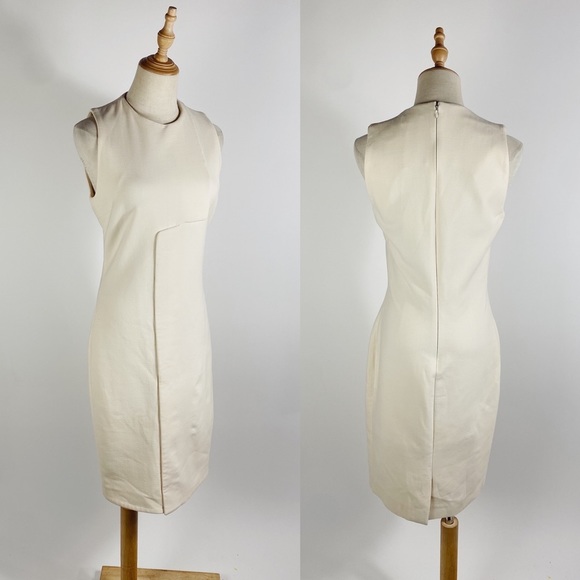 PORTS 1961 Luxury Structured Ponte Stretch Sleeveless Princess Neck Cream Dress